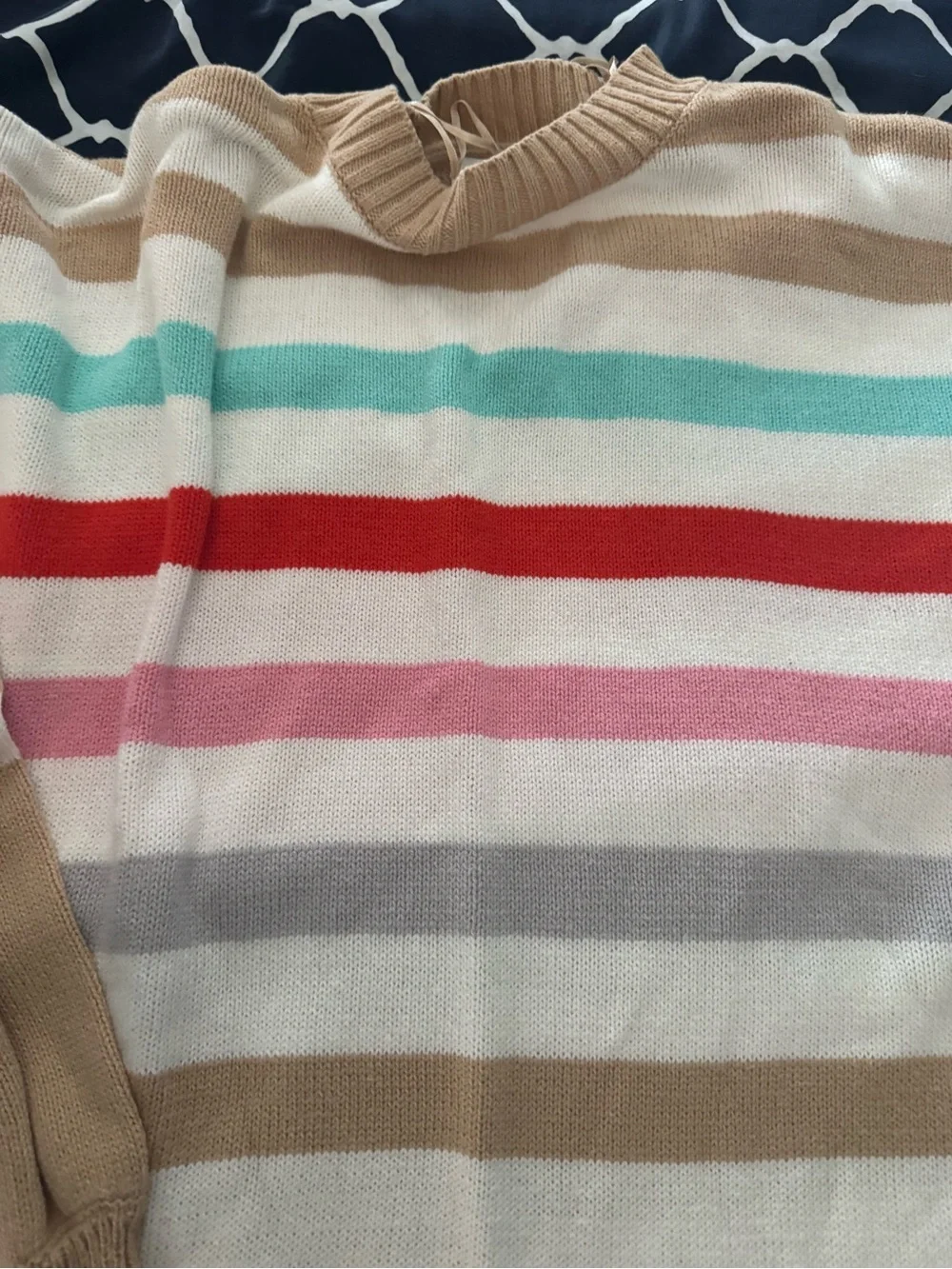 Crown & Ivy Striped Crewneck Sweater in Beige with Pink & Red Accents